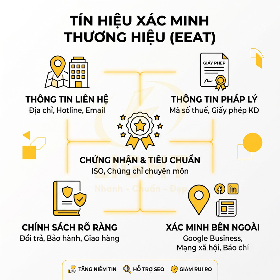 Các tín hiệu xác minh thương hiệu EEAT gồm liên hệ, pháp lý, chứng nhận, chính sách và xác minh bên ngoài