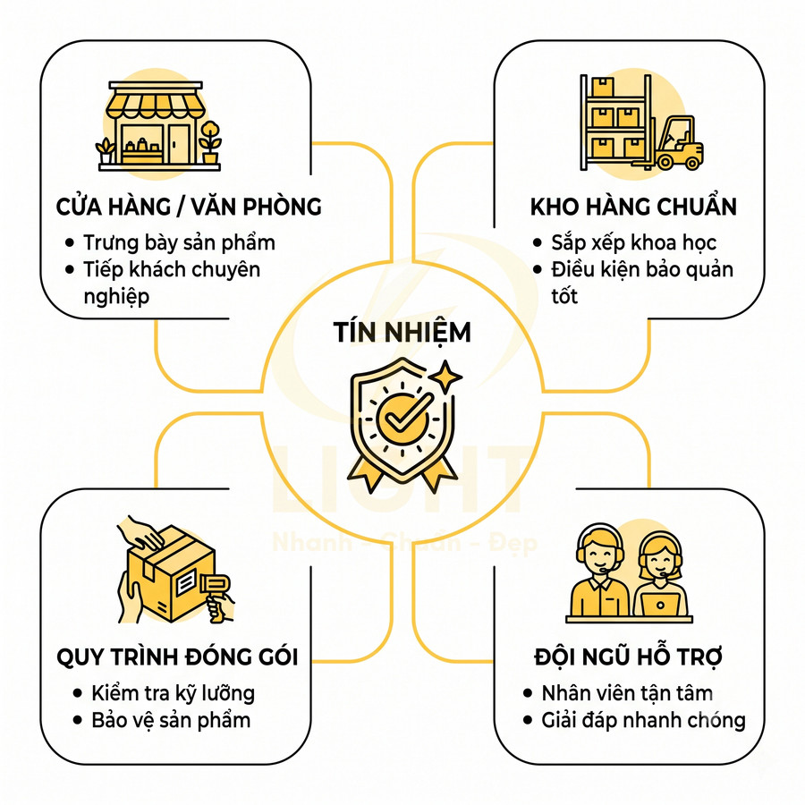 Mô hình quy trình bán hàng chuyên nghiệp với cửa hàng, kho hàng, đóng gói và đội ngũ hỗ trợ tạo uy tín
