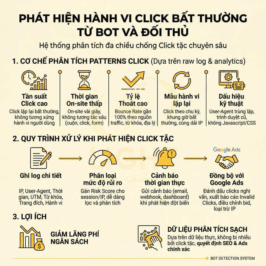 Infographic hệ thống phát hiện và xử lý click tặc, bot click quảng cáo Google Ads, giảm lãng phí ngân sách