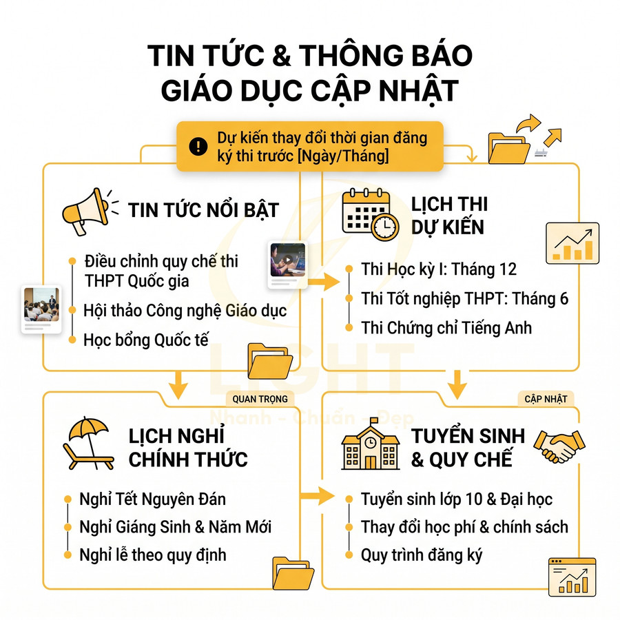 Tin tức và thông báo giáo dục cập nhật về lịch thi, tuyển sinh, nghỉ lễ và quy chế dành cho học sinh, phụ huynh