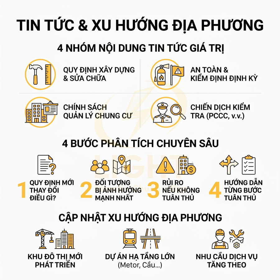 Infographic tin tức và xu hướng địa phương về quy định xây dựng, quản lý chung cư, an toàn kiểm định và phân tích rủi ro