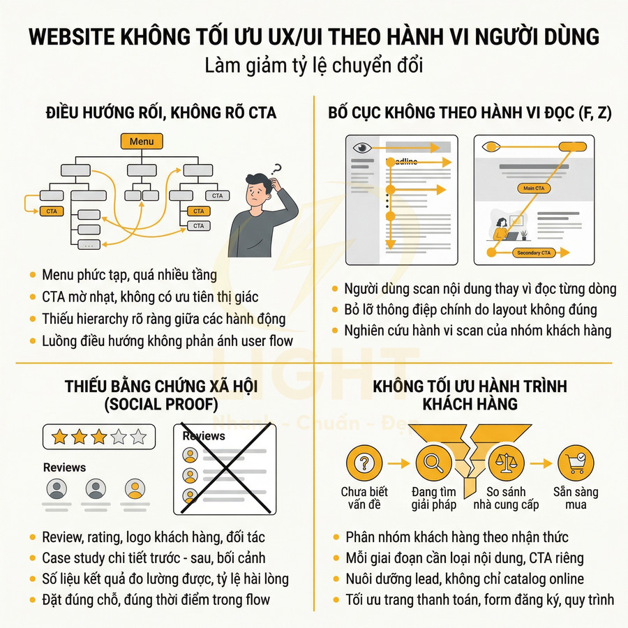Infographic các lỗi website không tối ưu UX UI theo hành vi người dùng làm giảm tỷ lệ chuyển đổi