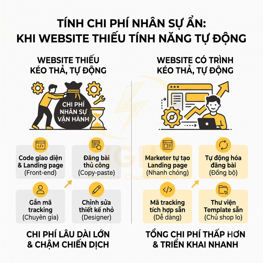 So sánh chi phí nhân sự khi dùng website kéo thả tự động và website thiếu tính năng tự động