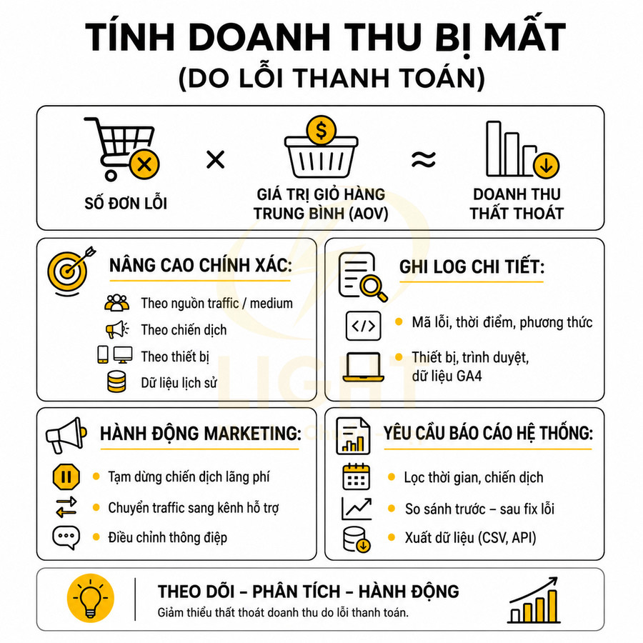 Infographic tính doanh thu bị mất do lỗi thanh toán và các bước theo dõi phân tích hành động