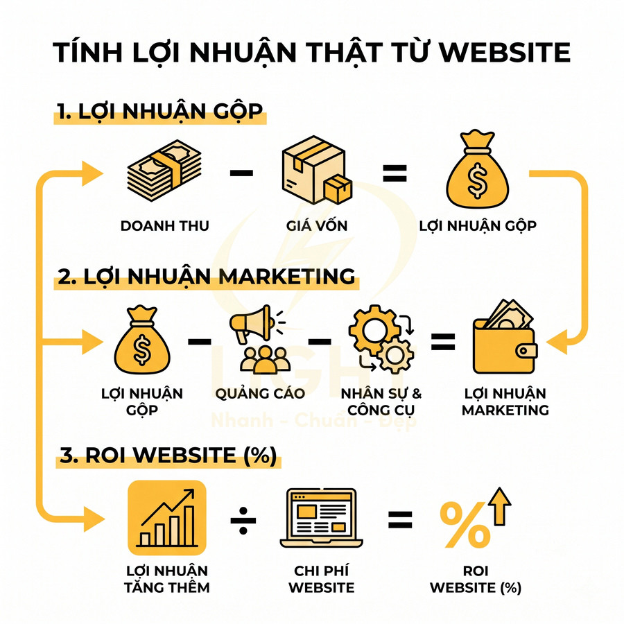 Sơ đồ tính lợi nhuận thật từ website gồm lợi nhuận gộp, lợi nhuận marketing và chỉ số ROI website