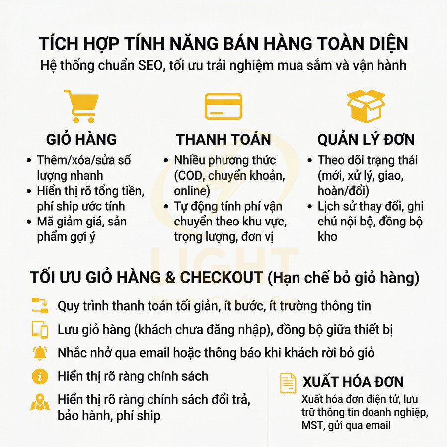 Mô tả tính năng giỏ hàng, thanh toán, quản lý đơn, tối ưu checkout và xuất hóa đơn cho hệ thống bán hàng online