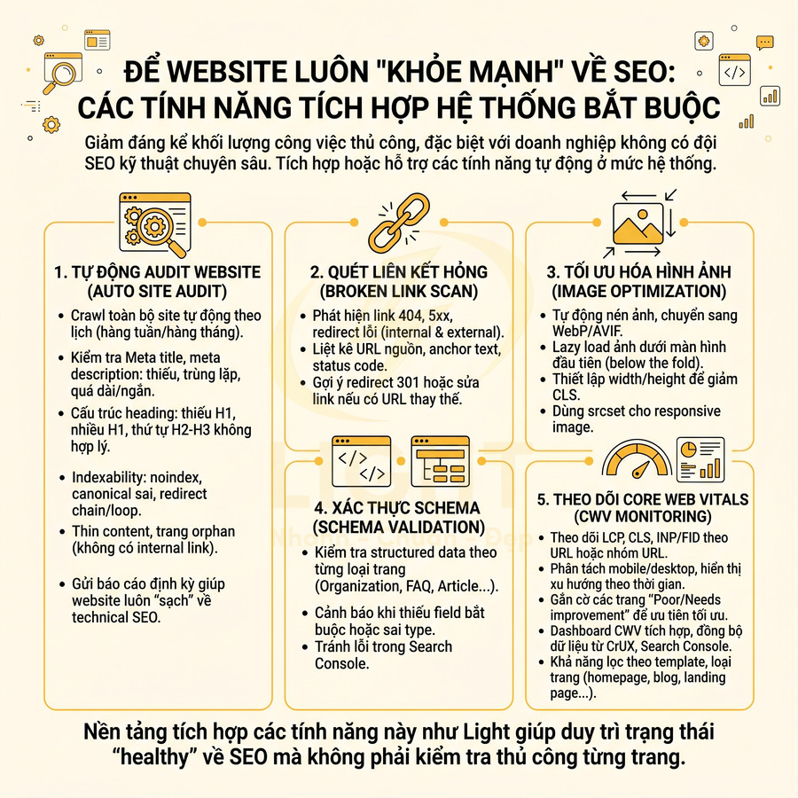 Các tính năng tự động cần có trong hệ thống để website luôn khỏe mạnh về SEO và tối ưu kỹ thuật