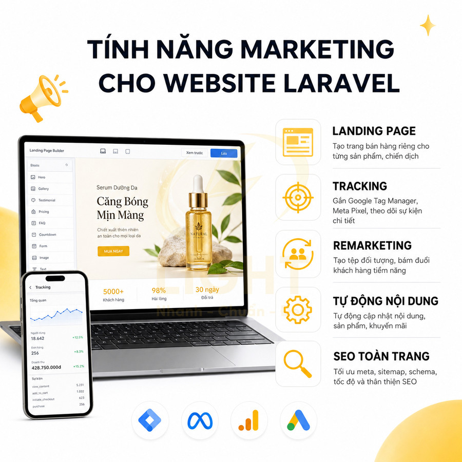 Laptop và điện thoại hiển thị website Laravel bán serum dưỡng da cùng các tính năng marketing và theo dõi chuyển đổi
