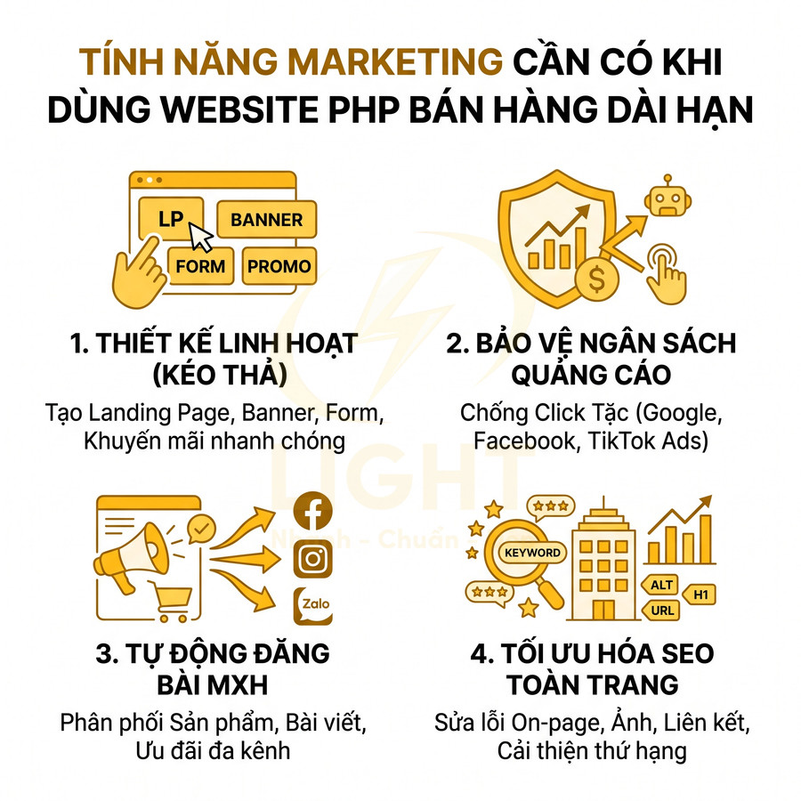 Tính năng marketing quan trọng cho website PHP bán hàng dài hạn gồm kéo thả, bảo vệ ngân sách, đăng bài MXH, tối ưu SEO