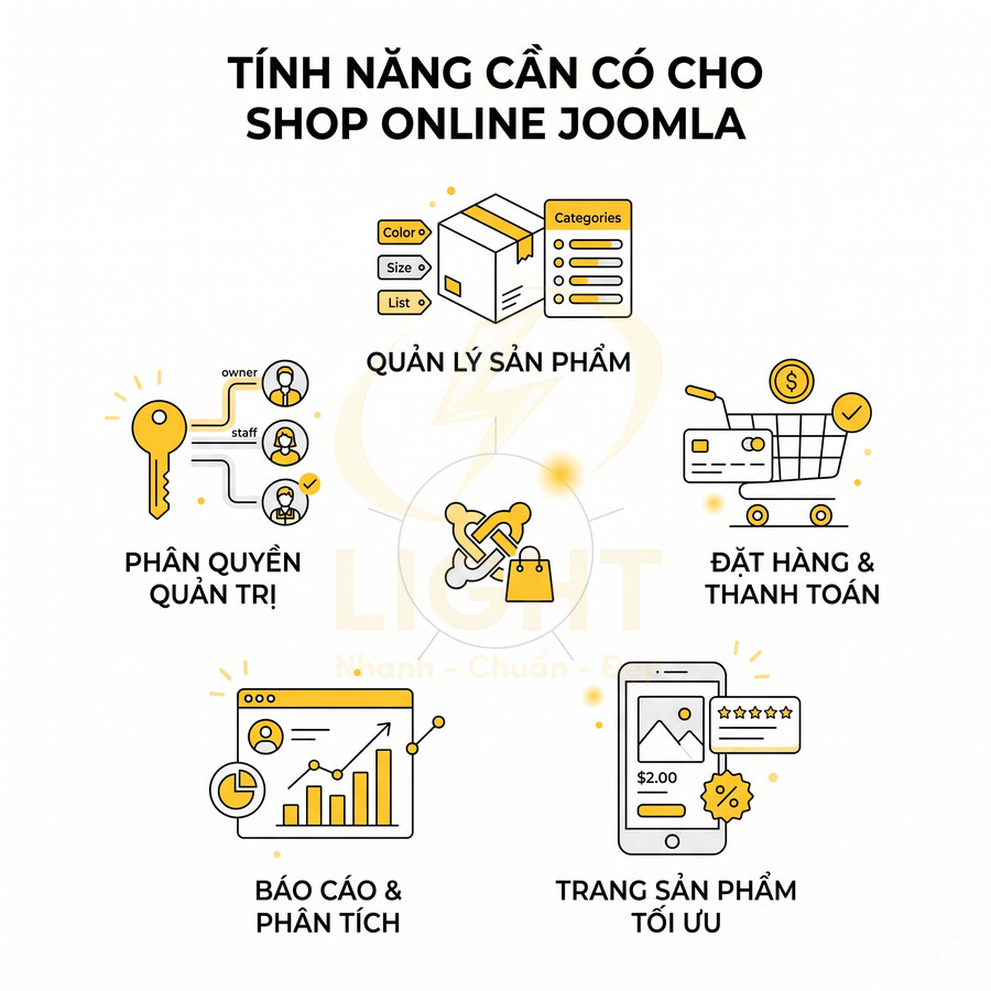 Các tính năng quan trọng cho shop online Joomla như quản lý sản phẩm, đặt hàng, báo cáo và trang sản phẩm tối ưu