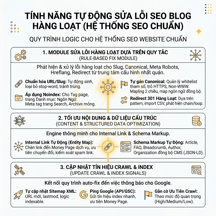 Infographic tính năng tự động sửa lỗi SEO blog hàng loạt và tối ưu nội dung, dữ liệu cấu trúc, tín hiệu crawl index
