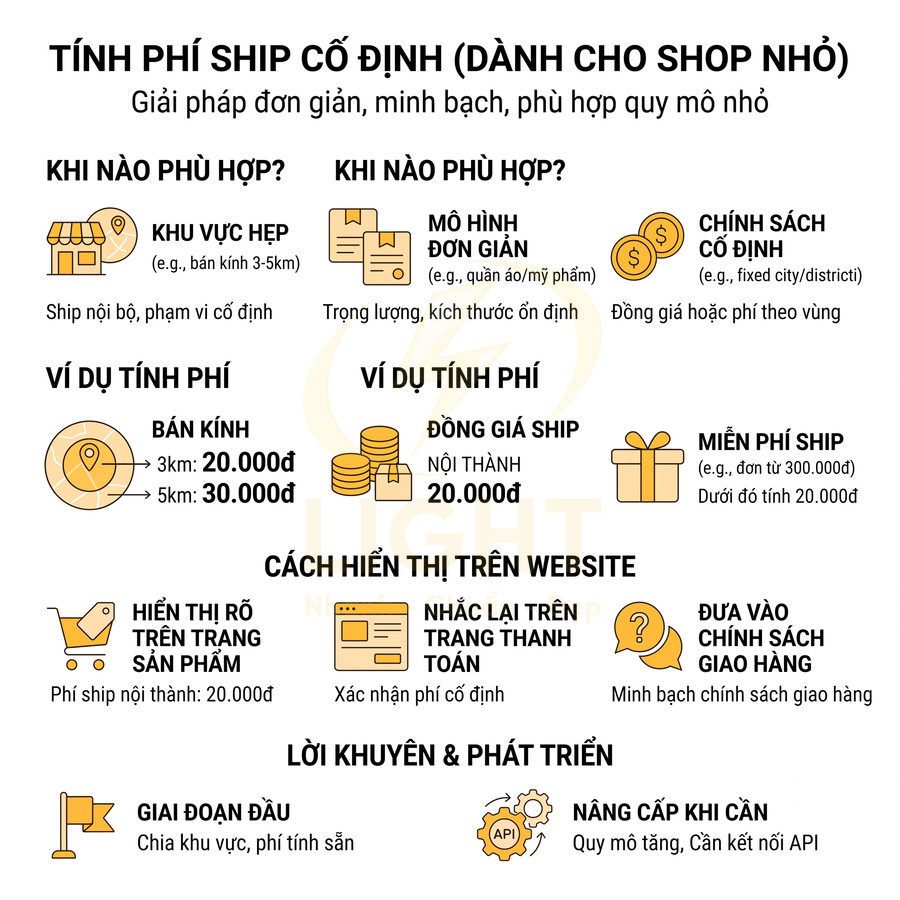 Infographic hướng dẫn tính phí ship cố định cho shop nhỏ, ví dụ bán kính giao hàng, đồng giá ship và cách hiển thị trên website