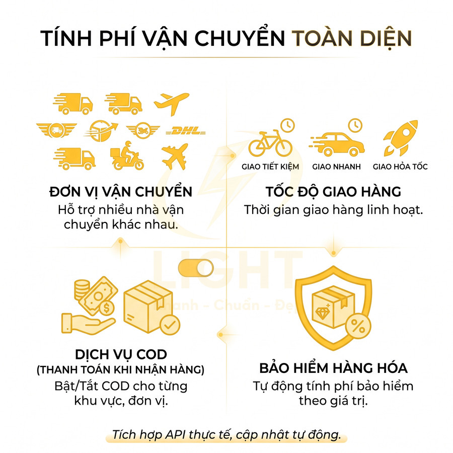 Banner giới thiệu dịch vụ tính phí vận chuyển toàn diện với nhiều đơn vị ship, tốc độ giao hàng, COD và bảo hiểm hàng hóa