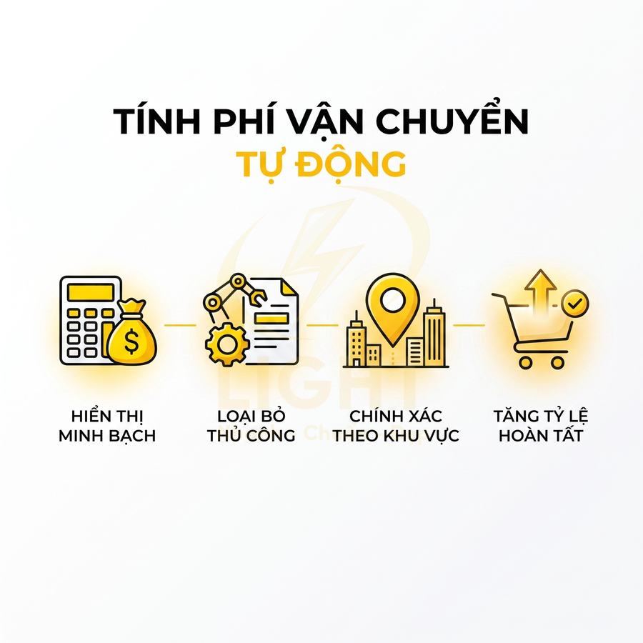 Banner giới thiệu tính năng tính phí vận chuyển tự động với các lợi ích minh bạch, chính xác, tăng tỷ lệ hoàn tất đơn hàng
