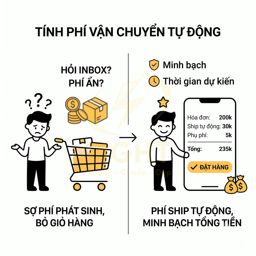Minh họa tính phí vận chuyển tự động giúp hiển thị rõ phí ship và tổng tiền trên ứng dụng mua sắm online