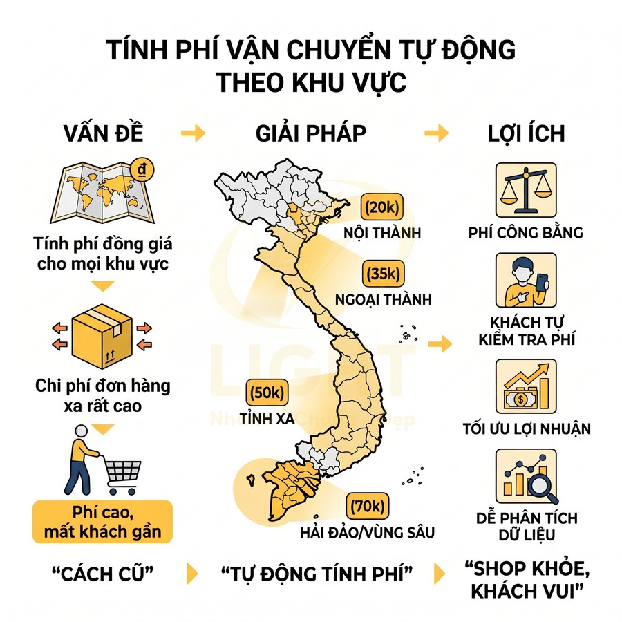 Infographic tính phí vận chuyển tự động theo khu vực tại Việt Nam với bảng giá nội thành ngoại thành tỉnh xa hải đảo