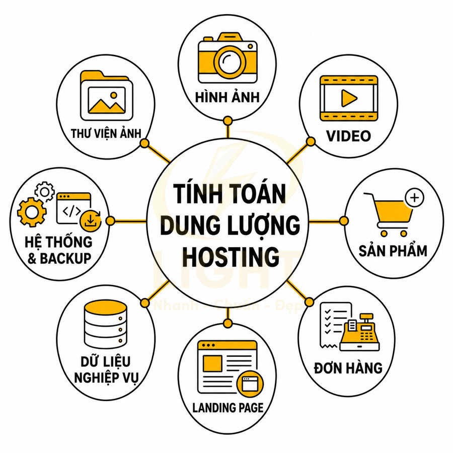 Sơ đồ các thành phần ảnh hưởng đến tính toán dung lượng hosting cho website và cửa hàng online