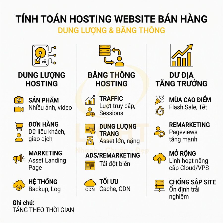 Hướng dẫn tính toán dung lượng và băng thông hosting cho website bán hàng, tối ưu traffic và dự phòng tăng trưởng