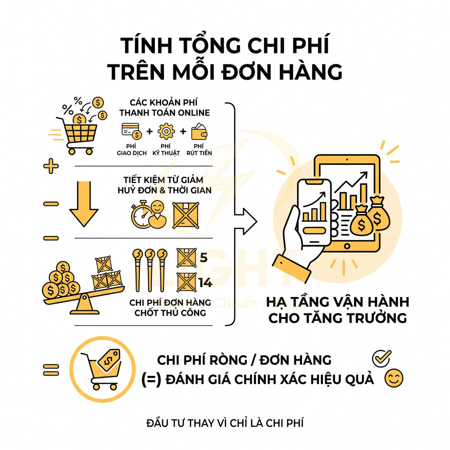 Infographic tính tổng chi phí trên mỗi đơn hàng, tối ưu phí thanh toán online và chi phí vận hành cho doanh nghiệp