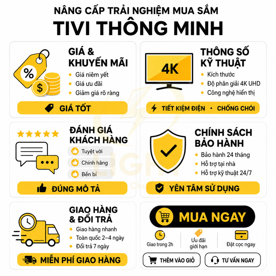 Infographic hướng dẫn chọn mua tivi thông minh với giá tốt, thông số 4K, bảo hành, giao hàng và ưu đãi mua ngay