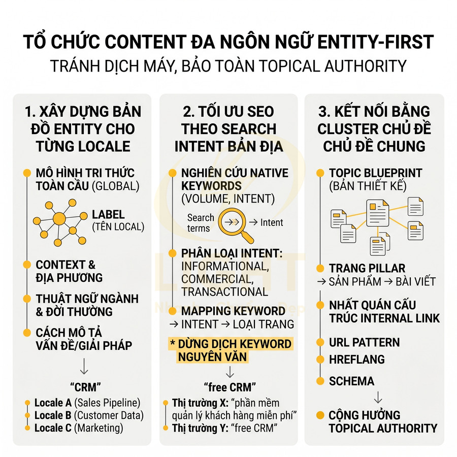 Sơ đồ tổ chức content đa ngôn ngữ entity first tối ưu SEO theo search intent và cluster chủ đề