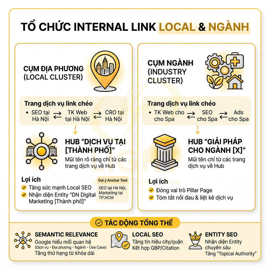 Mô hình tổ chức internal link local và ngành cho dịch vụ SEO, giải thích cụm địa phương và cụm ngành