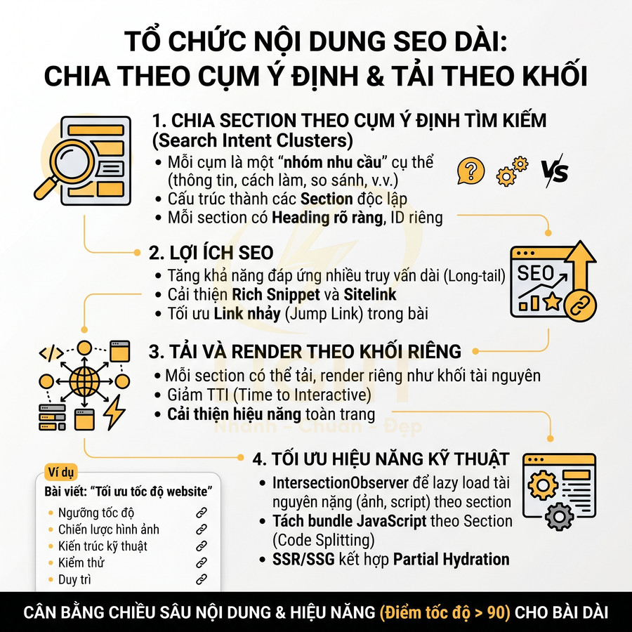 Infographic hướng dẫn tổ chức nội dung SEO dài theo cụm ý định tìm kiếm và tối ưu hiệu năng tải trang