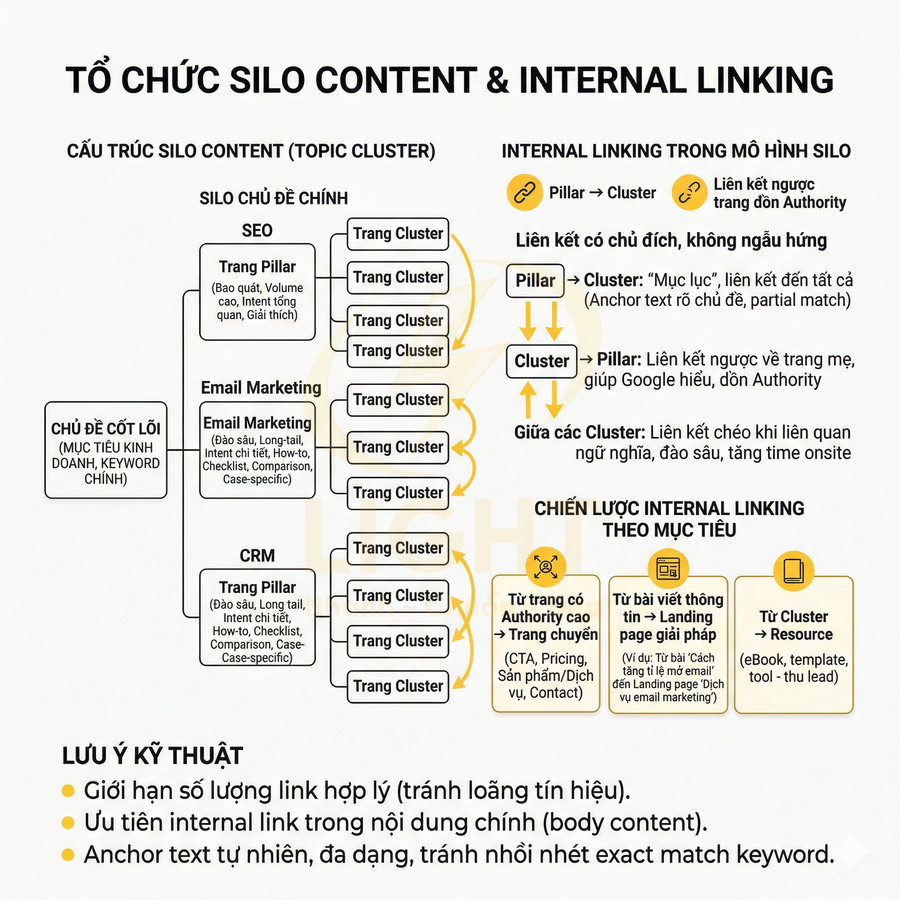 Sơ đồ tổ chức silo content và chiến lược internal linking cho website SEO, email marketing, CRM