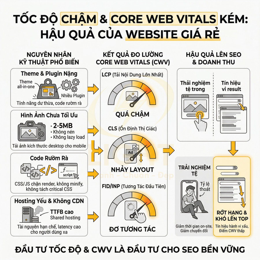 Infographic nguyên nhân website giá rẻ tải chậm, core web vitals kém và hậu quả xếp hạng SEO giảm