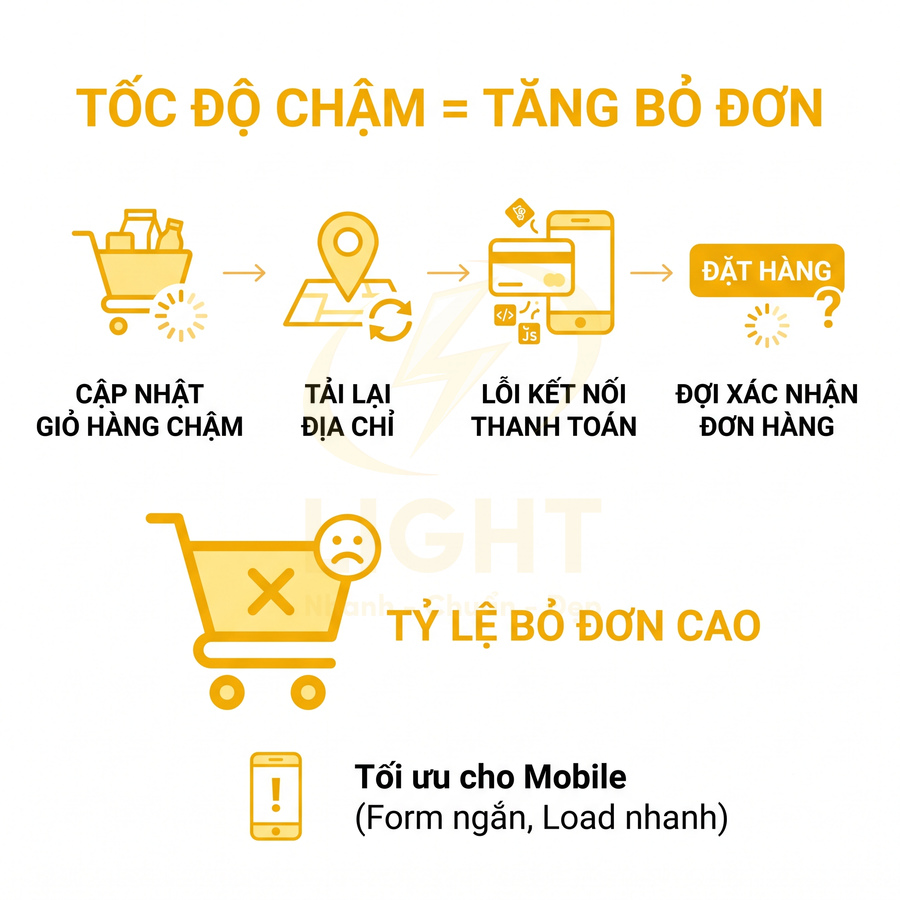Infographic quy trình mua hàng online chậm gây lỗi giỏ hàng, thanh toán và tăng tỷ lệ bỏ đơn, khuyến nghị tối ưu mobile