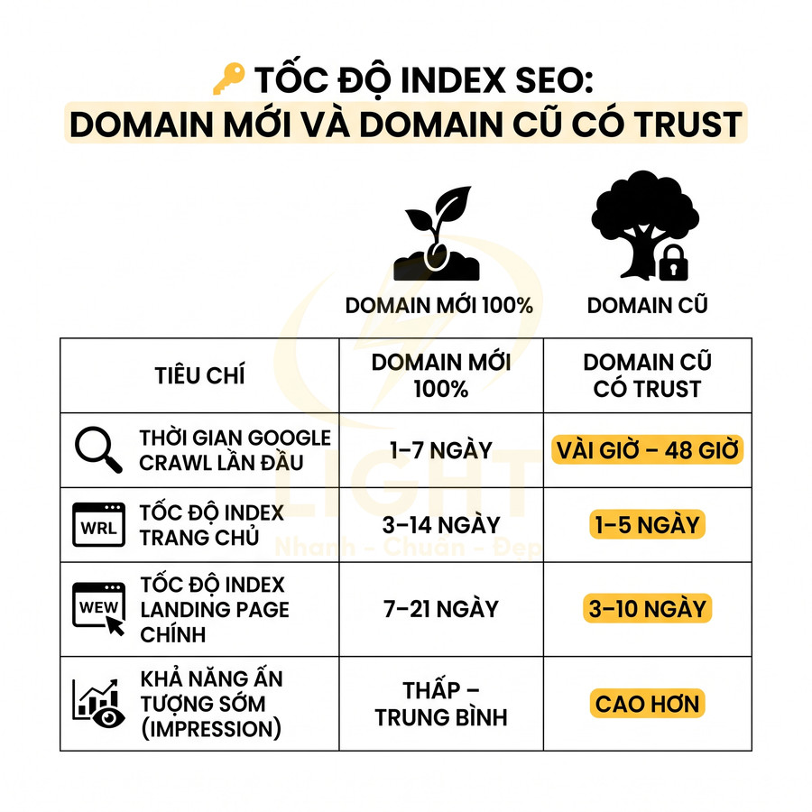 Bảng so sánh tốc độ index SEO giữa domain mới và domain cũ có trust về crawl, index và impression