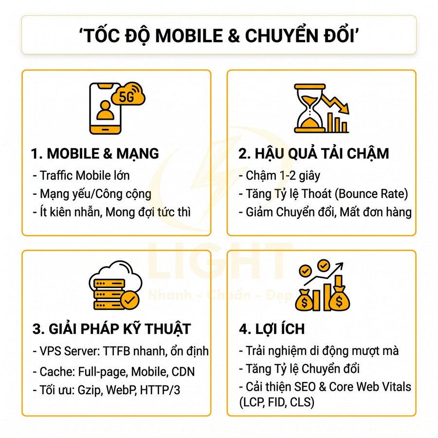 Infographic tốc độ tải trang mobile ảnh hưởng chuyển đổi, giải pháp kỹ thuật VPS cache tối ưu và lợi ích cho SEO