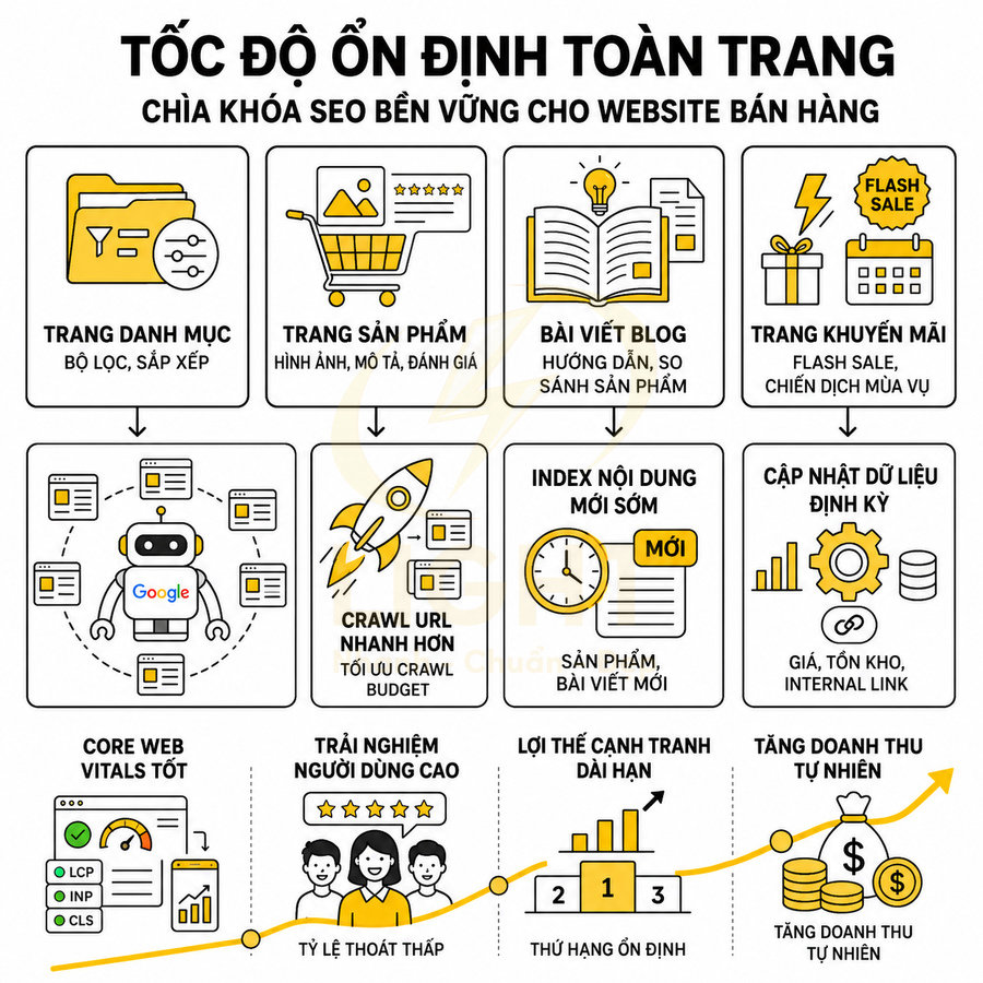 Infographic tốc độ ổn định toàn trang và các yếu tố SEO giúp website bán hàng tăng thứ hạng và doanh thu