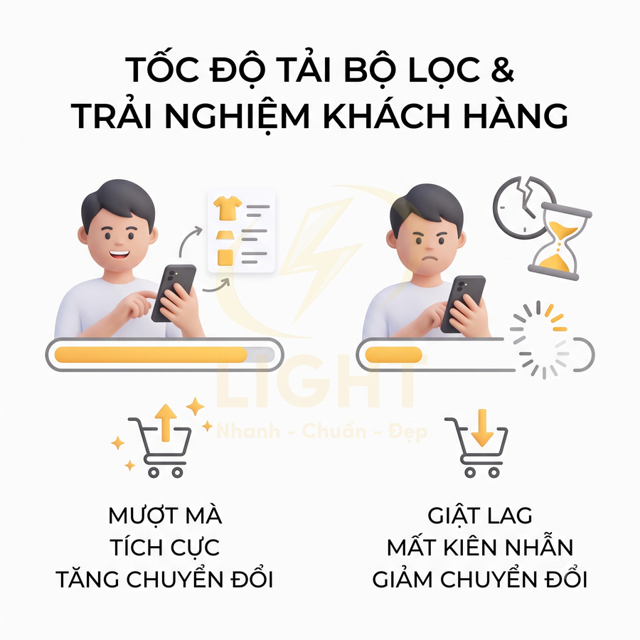 So sánh trải nghiệm khách hàng với tốc độ tải bộ lọc nhanh mượt và chậm giật lag trên ứng dụng mua sắm di động