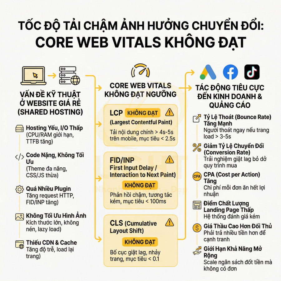 Infographic tiếng Việt về nguyên nhân Core Web Vitals không đạt và tác động xấu đến chuyển đổi, quảng cáo website