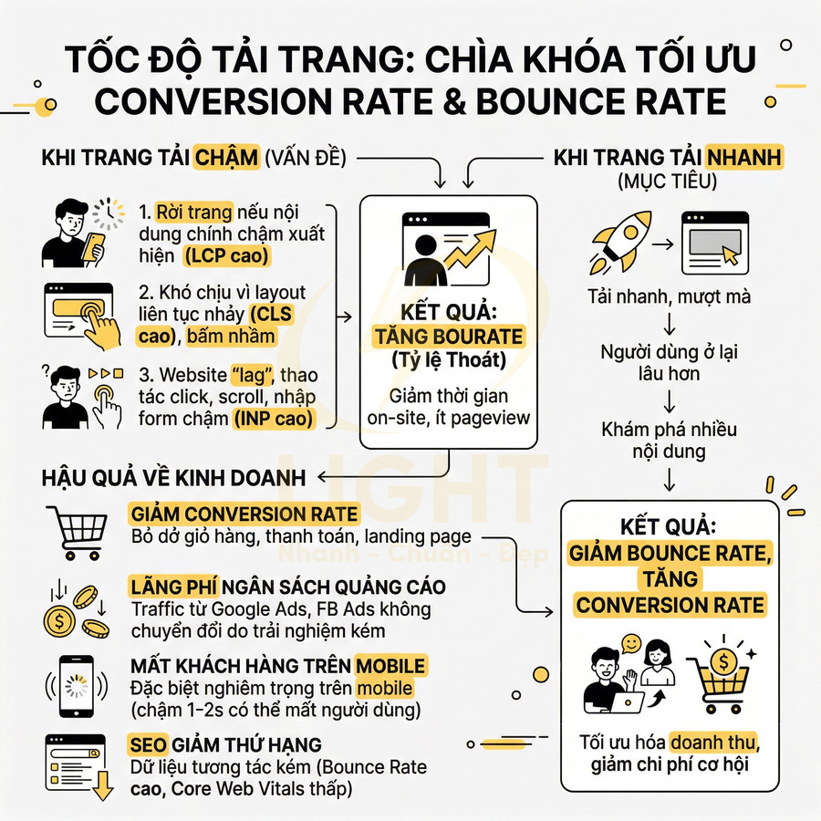 Infographic tiếng Việt giải thích tầm quan trọng của tốc độ tải trang với bounce rate và conversion rate trong kinh doanh online