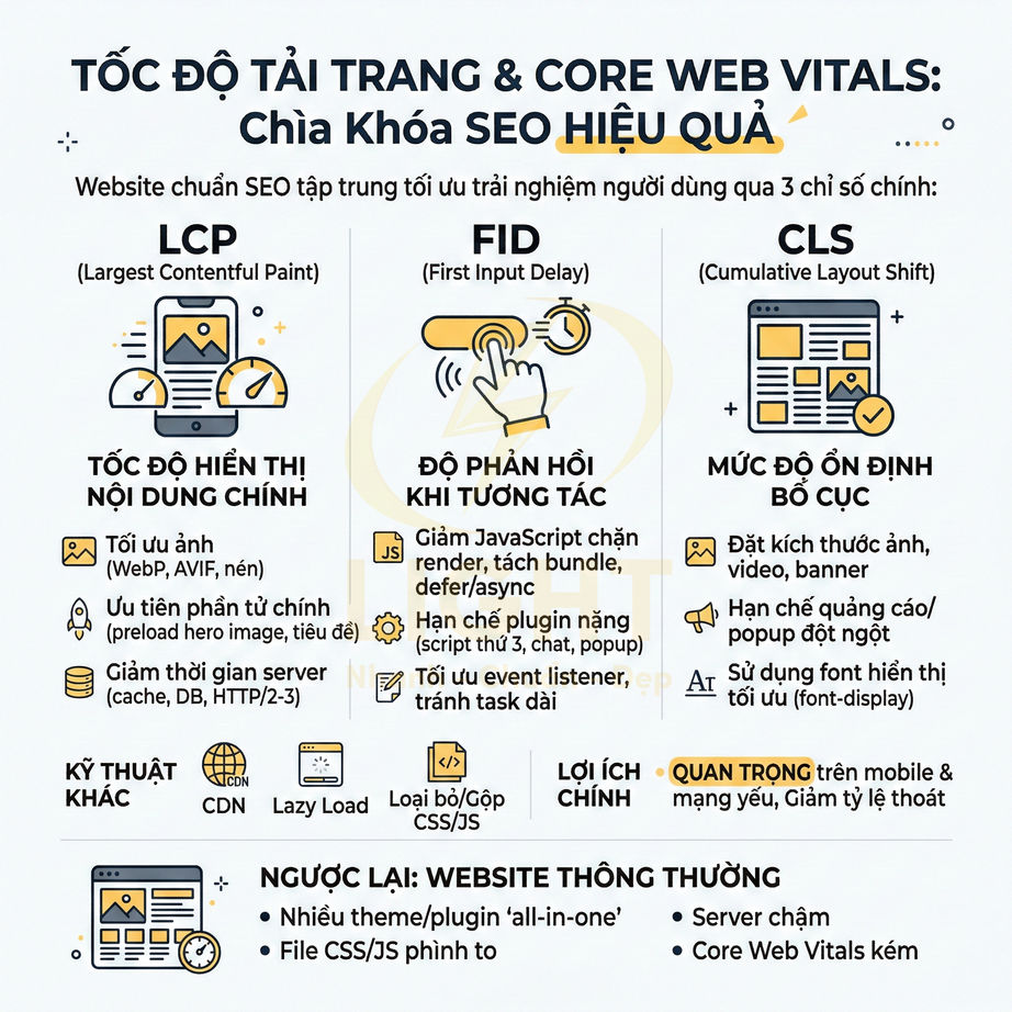 Infographic giải thích tốc độ tải trang và Core Web Vitals LCP FID CLS và cách tối ưu SEO cho website