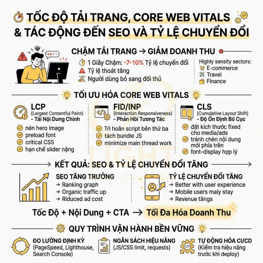 Tốc độ tải trang và Core Web Vitals ảnh hưởng SEO và tỷ lệ chuyển đổi, hướng dẫn tối ưu LCP FID CLS