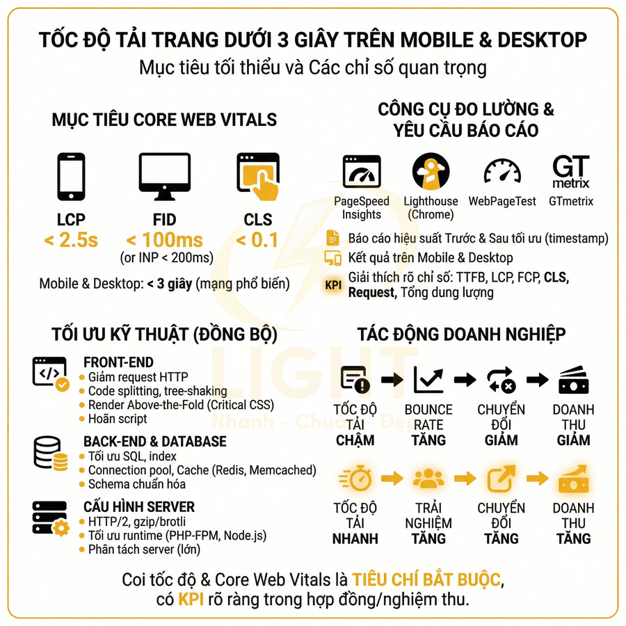 Infographic tối ưu tốc độ tải trang dưới 3 giây, Core Web Vitals và tác động đến chuyển đổi doanh thu