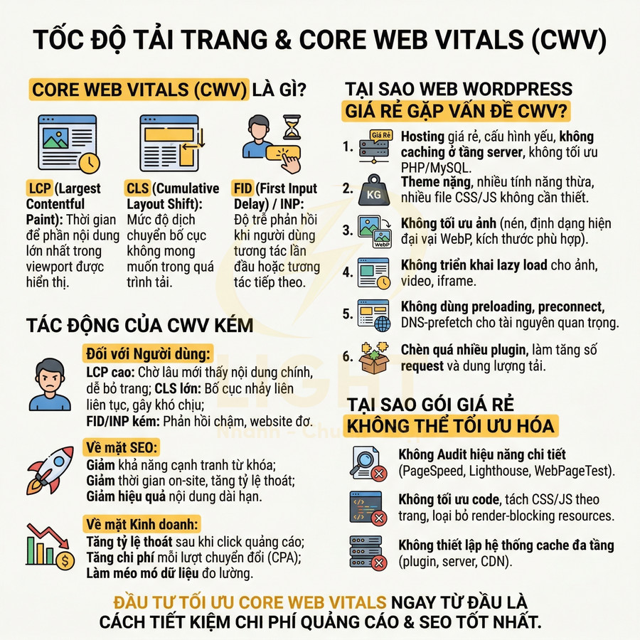 Infographic giải thích tốc độ tải trang và Core Web Vitals, tác động và lý do web WordPress giá rẻ khó tối ưu CWV