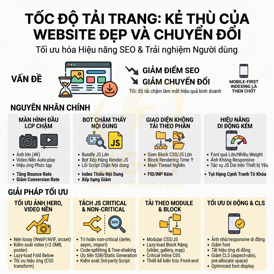 Infographic tối ưu tốc độ tải trang web, nguyên nhân LCP chậm và giải pháp cải thiện hiệu năng SEO