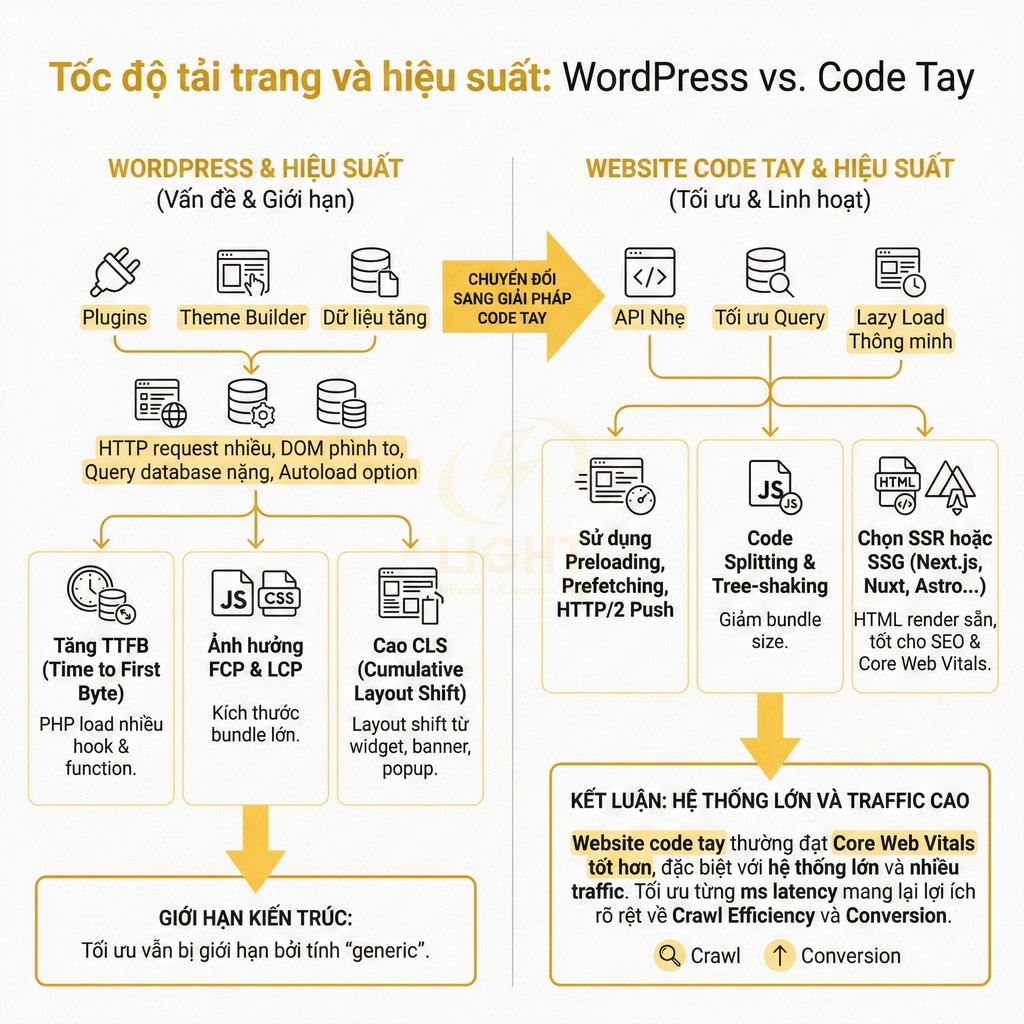 So sánh tốc độ tải trang và hiệu suất giữa WordPress và website code tay, nhấn mạnh ưu điểm Core Web Vitals