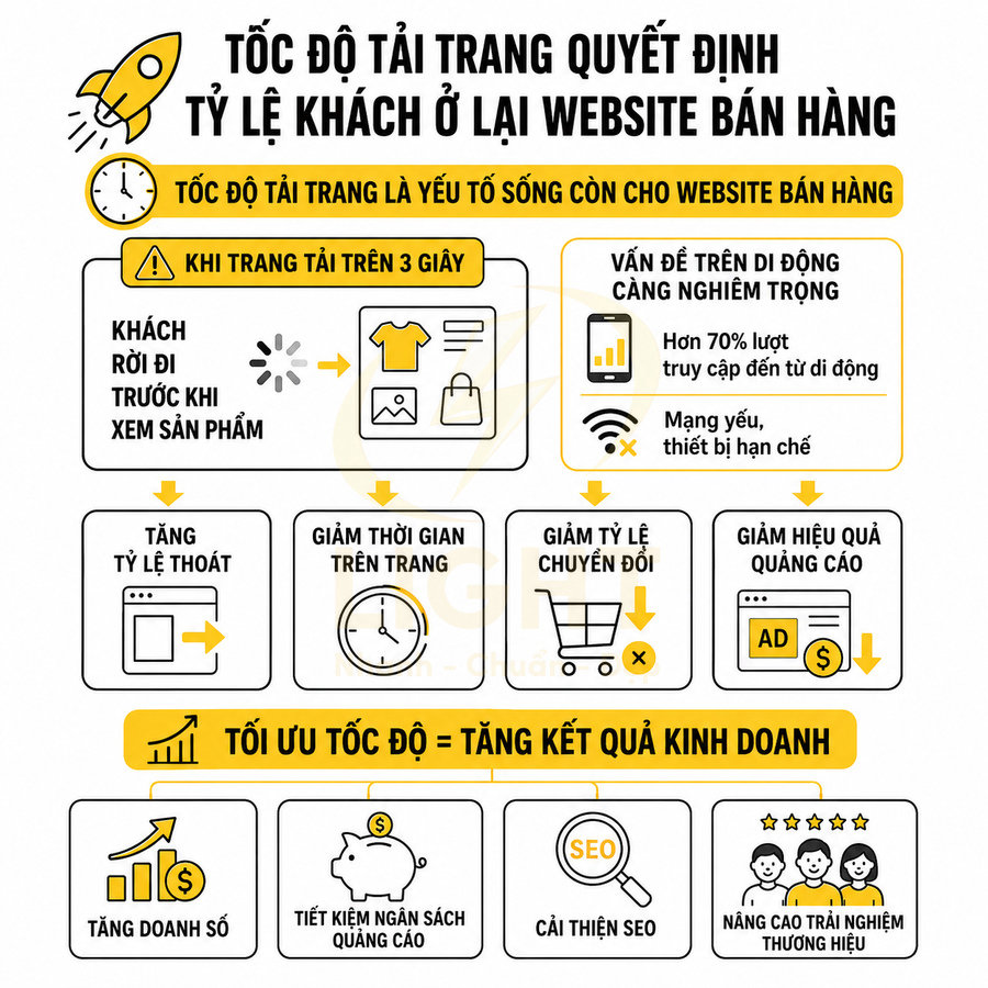 Infographic tiếng Việt về tầm quan trọng của tốc độ tải trang với tỷ lệ chuyển đổi và doanh thu website bán hàng