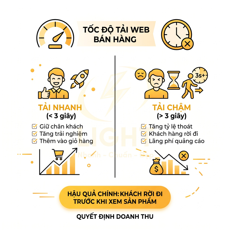So sánh lợi ích tải web bán hàng nhanh dưới 3 giây và tác hại tải chậm trên 3 giây đến doanh thu
