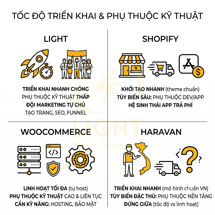 So sánh tốc độ triển khai và phụ thuộc kỹ thuật giữa Light, Shopify, WooCommerce và Haravan