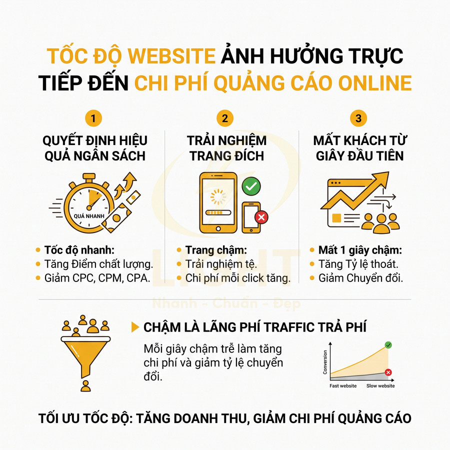 Infographic tiếng Việt về ảnh hưởng tốc độ website đến chi phí quảng cáo online và tỷ lệ chuyển đổi