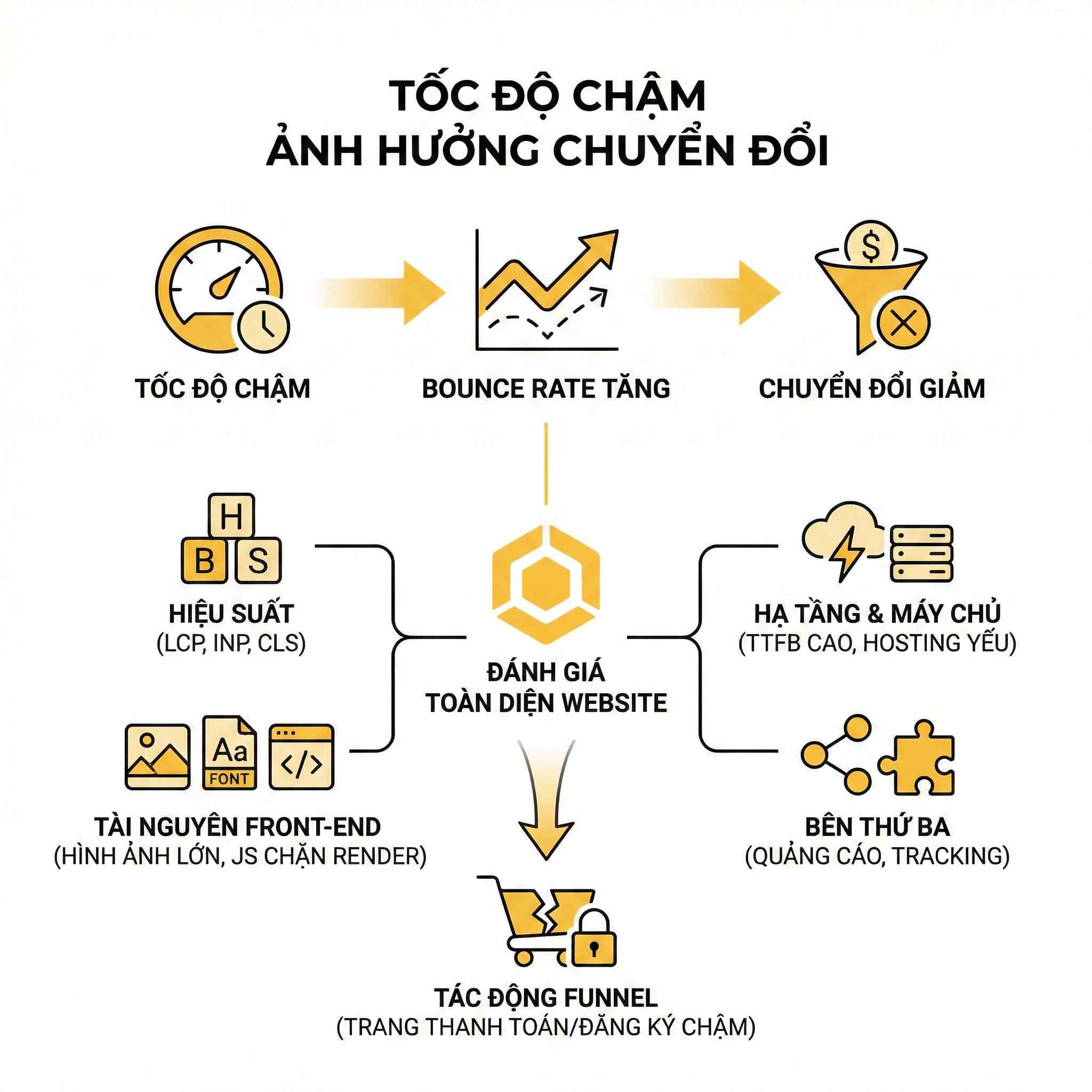 Sơ đồ minh họa tốc độ tải trang web chậm làm tăng bounce rate, giảm chuyển đổi và ảnh hưởng hiệu suất, hạ tầng, funnel