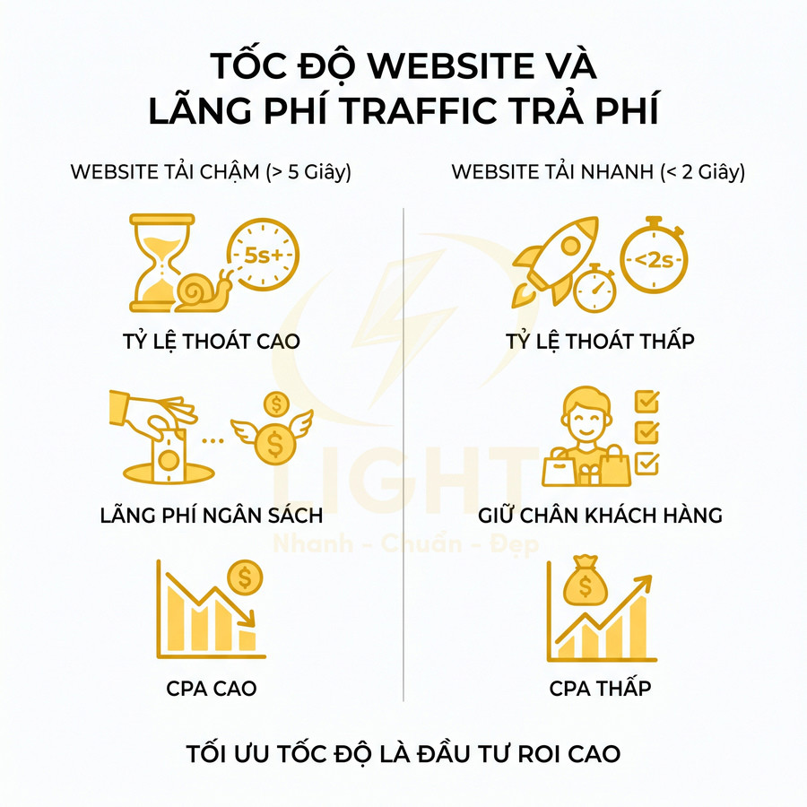 So sánh website tải chậm và tải nhanh về tỷ lệ thoát, lãng phí ngân sách, CPA và giữ chân khách hàng