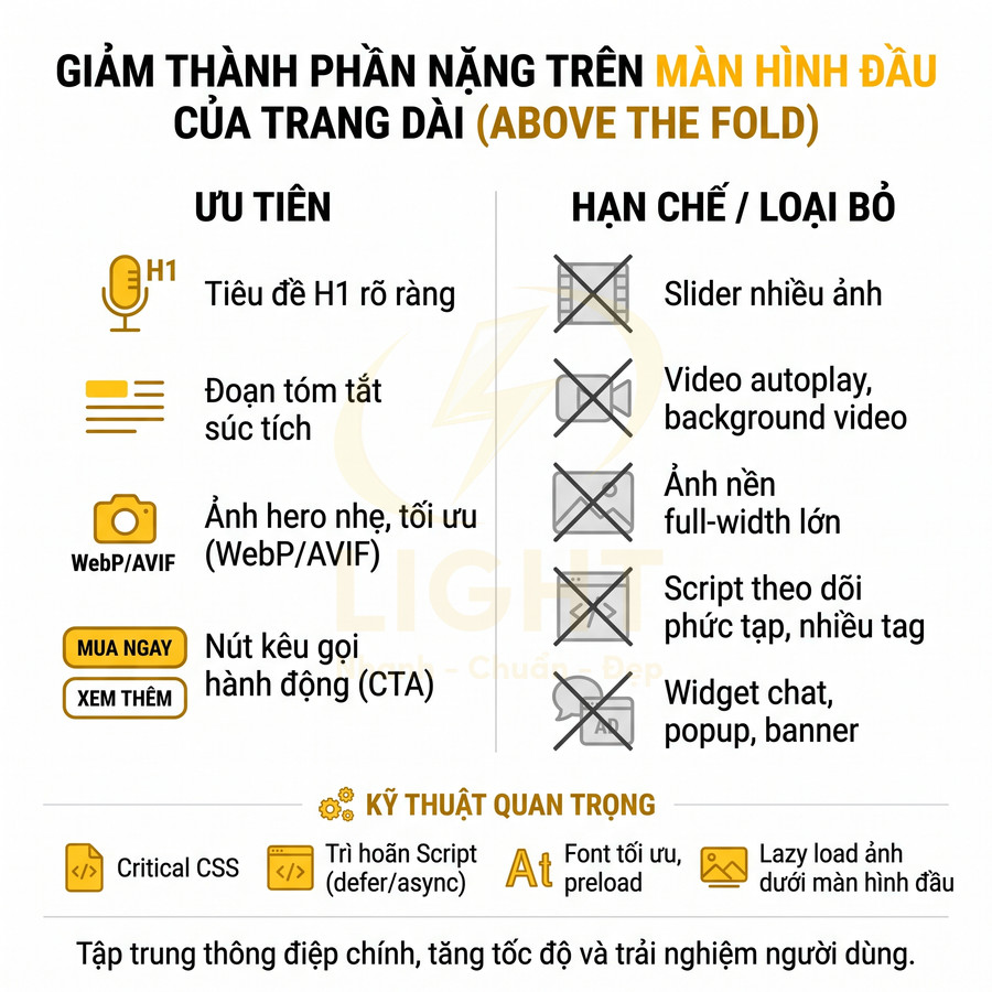 Hướng dẫn tối ưu trang dài above the fold với ưu tiên H1 rõ ràng, ảnh nhẹ, CTA và hạn chế slider, video, widget nặng