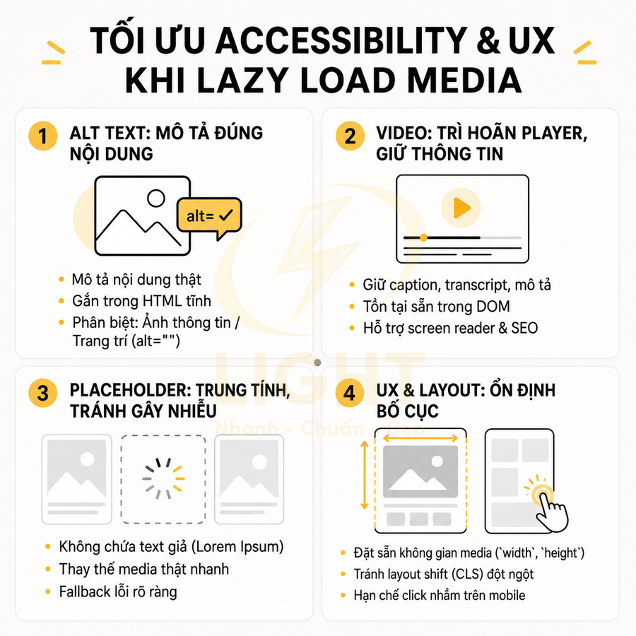 Infographic tối ưu accessibility và UX khi lazy load media với 4 bước hướng dẫn chi tiết